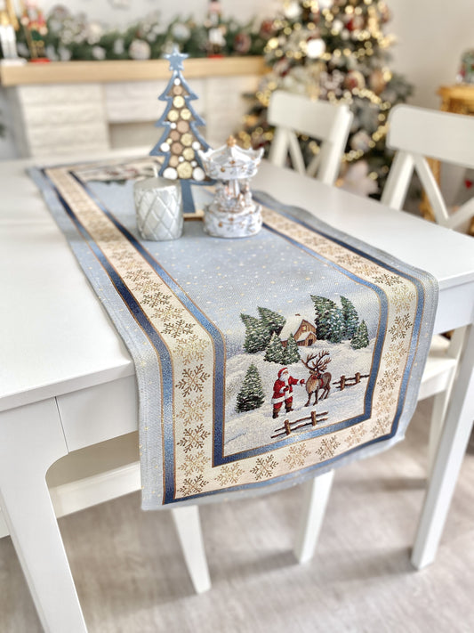 Christmas Tapestry Table runner «Christmas in Highlands» with golden thread