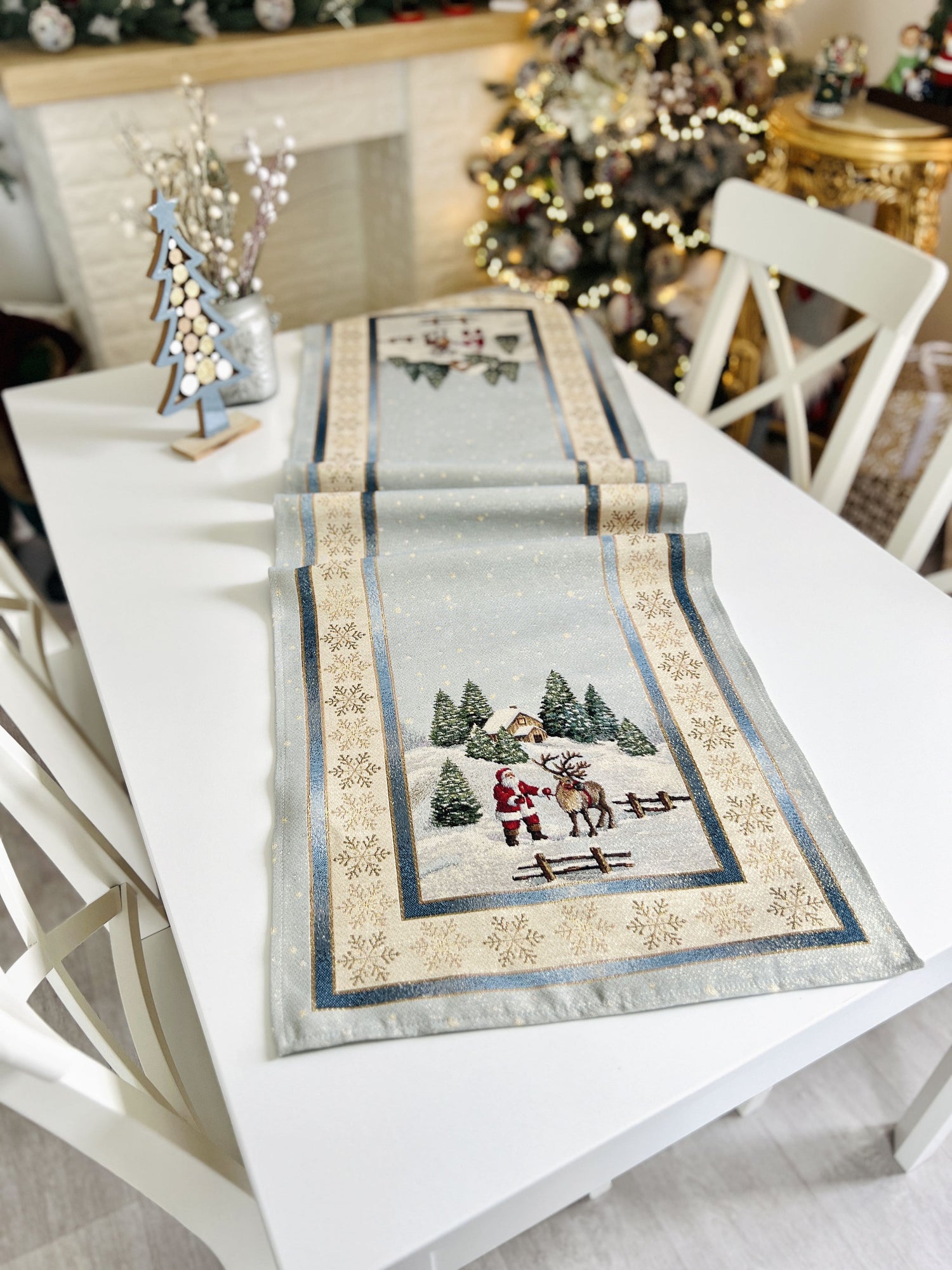Christmas Tapestry Table runner «Christmas in Highlands» with golden thread Limaso Textile