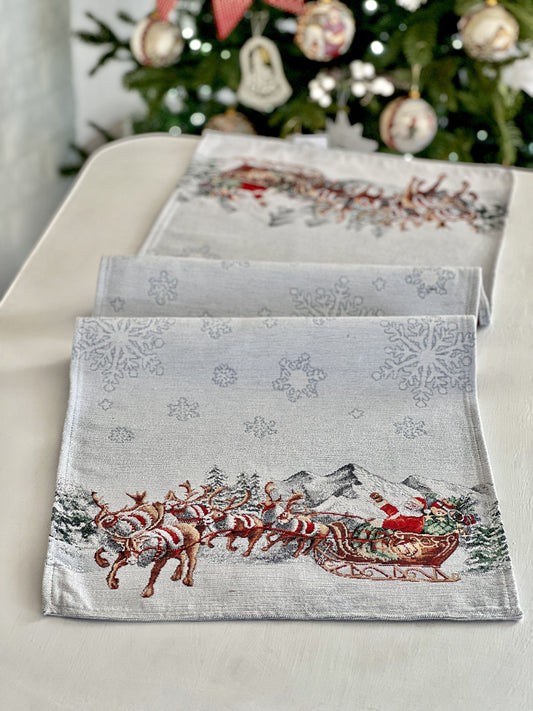 Christmas Tapestry Table runner «Santa is coming» With microfibre & silver lurex