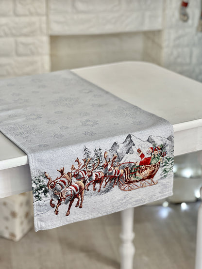 Christmas Tapestry Table runner «Santa is coming» With microfibre & silver lurex