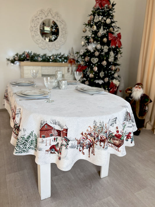 Christmas tapestry oval tablecloth «Santa is coming» With microfibre & silver lurex