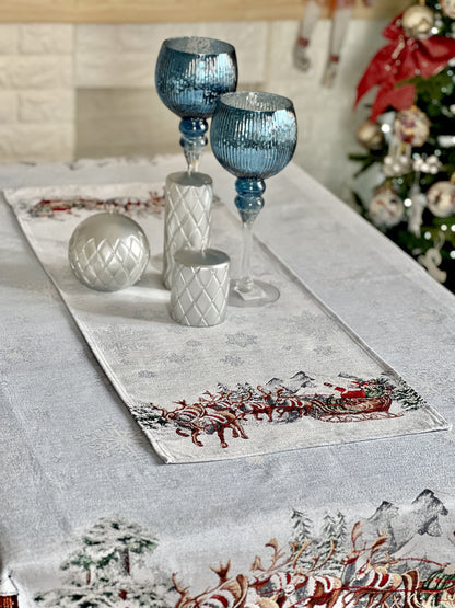 Christmas Tapestry Table runner «Santa is coming» With microfibre & silver lurex