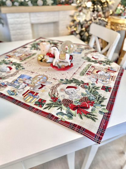 Christmas tapestry tablecloth «Xmas preparations» With silver lurex