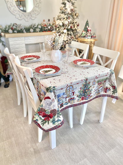 Christmas tapestry tablecloth «Xmas preparations» With silver lurex