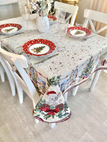 Christmas tapestry tablecloth «Xmas preparations» With silver lurex