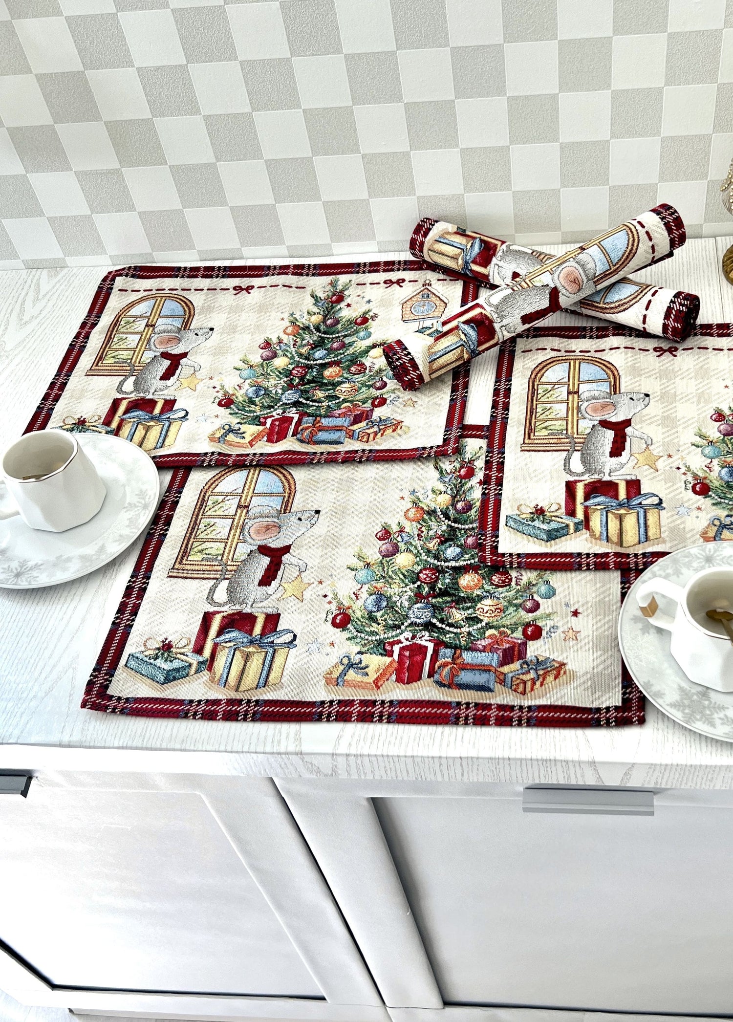 Winter Holiday Placemats «Xmas preparations» with silver thread Limaso Textile