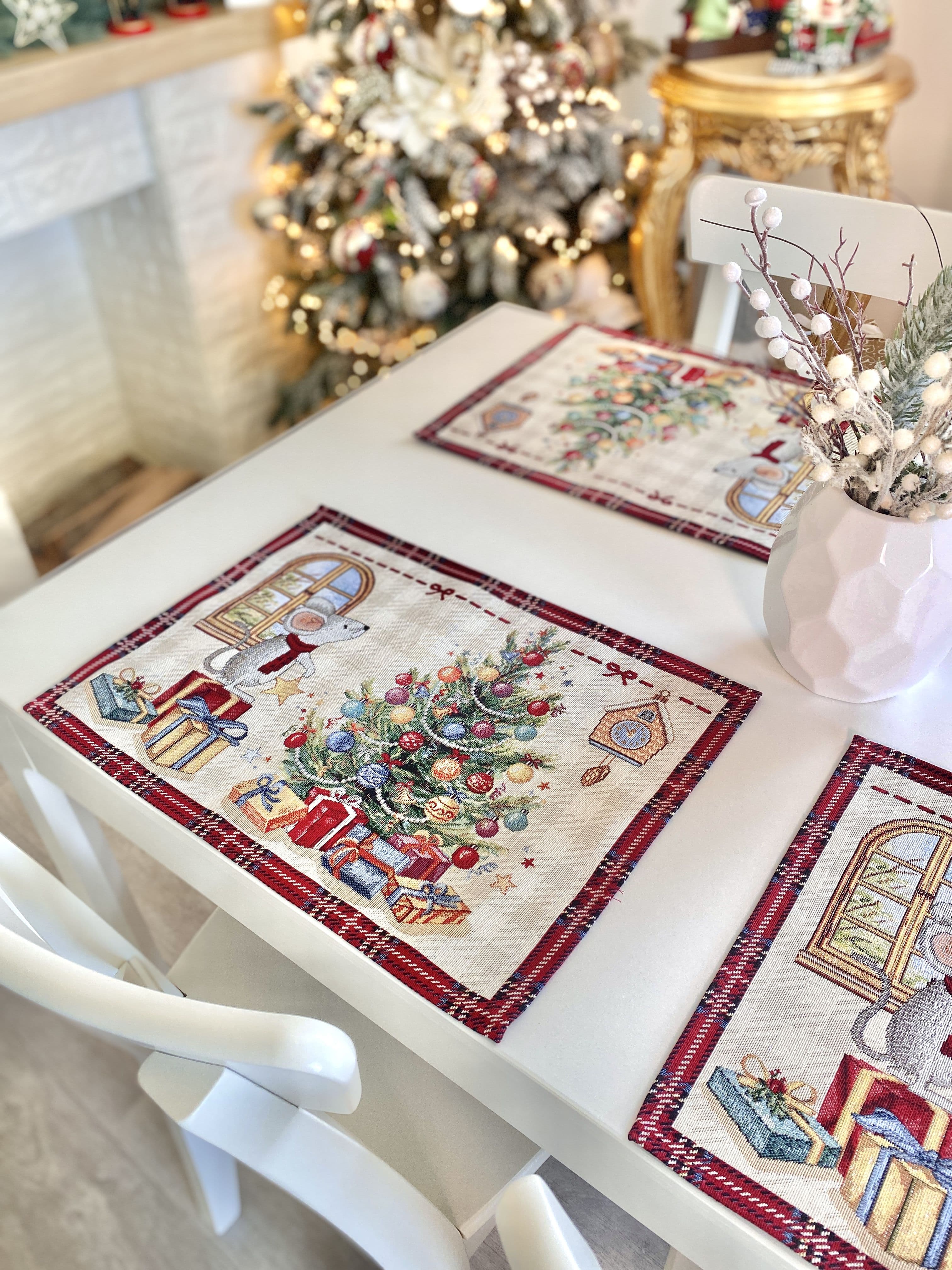 Winter Holiday Placemats «Xmas preparations» with silver thread Limaso Textile
