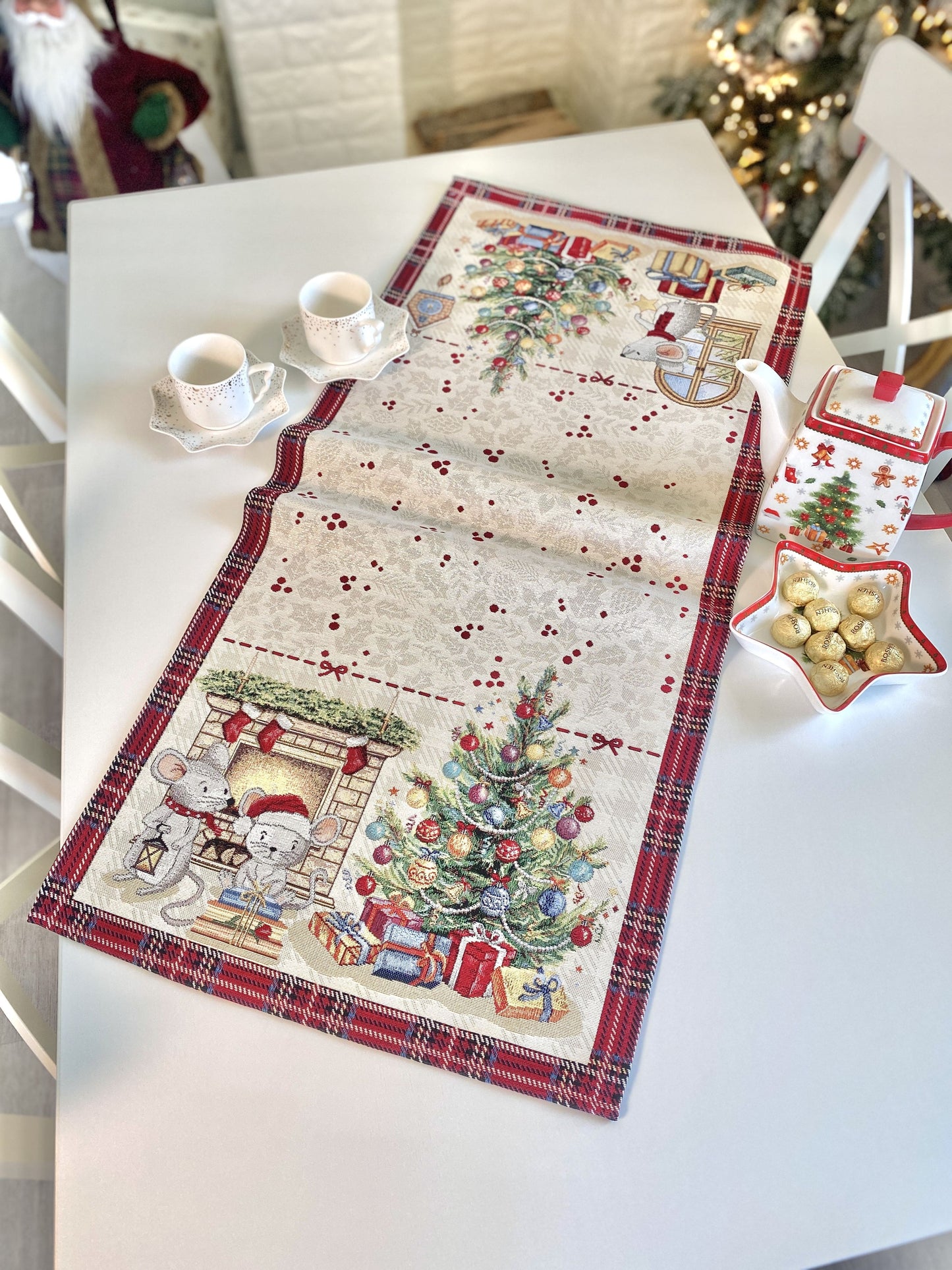 Christmas Tapestry Table runner «Xmas preparations» with silver thread