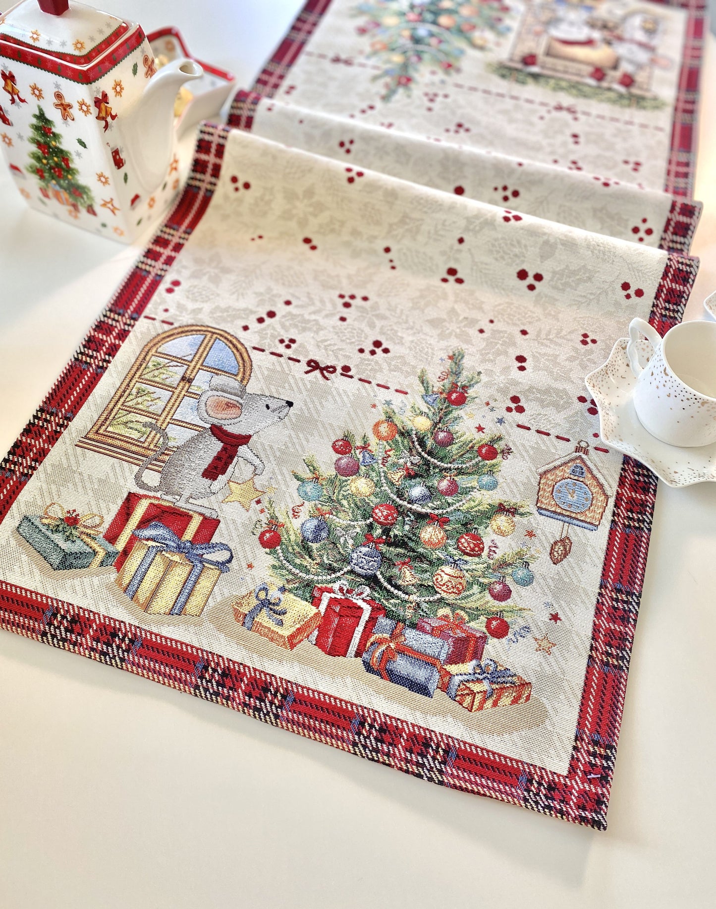 Christmas Tapestry Table runner «Xmas preparations» with silver thread