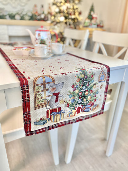 Christmas Tapestry Table runner «Xmas preparations» with silver thread