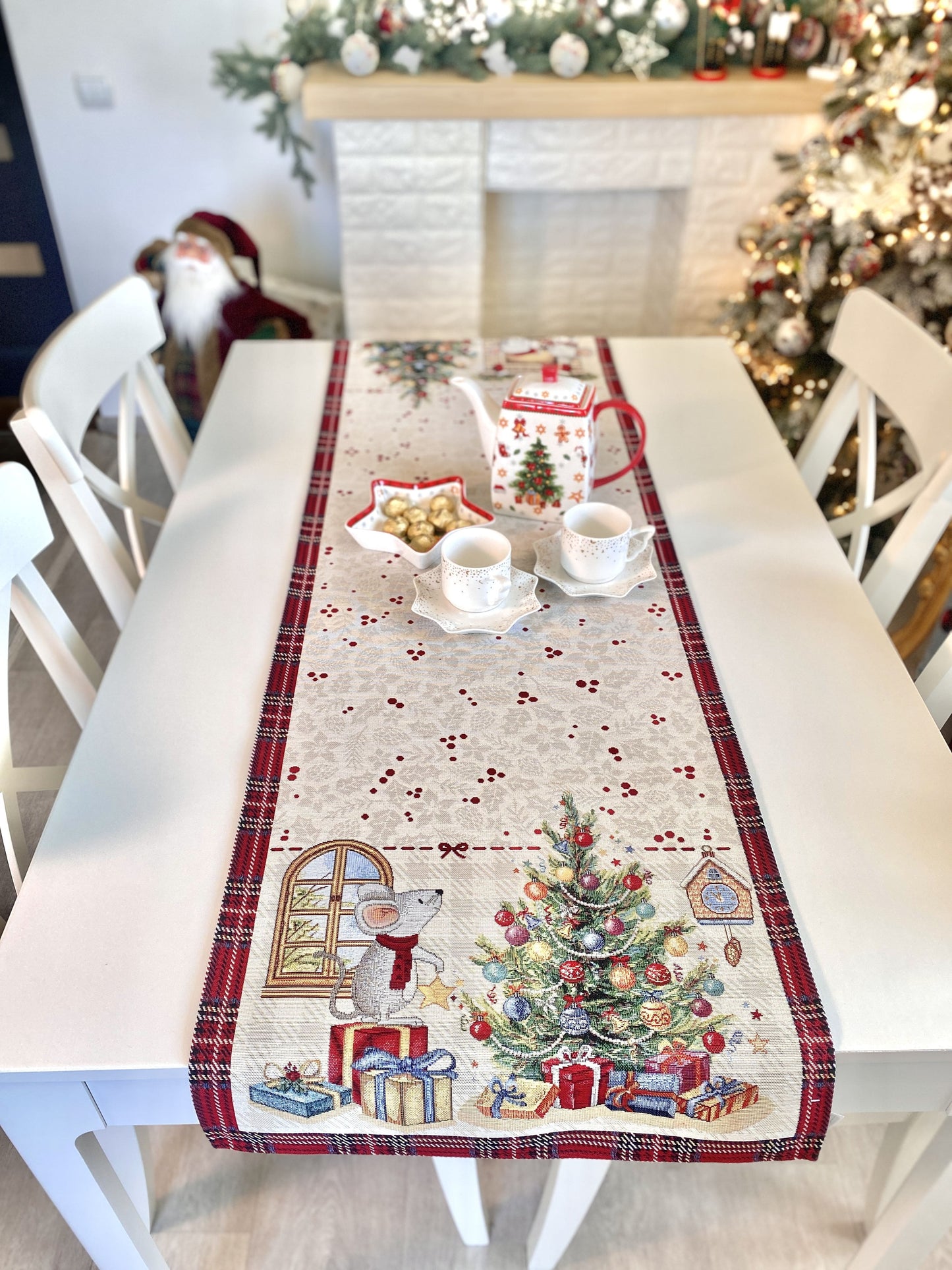 Christmas Tapestry Table runner «Xmas preparations» with silver thread