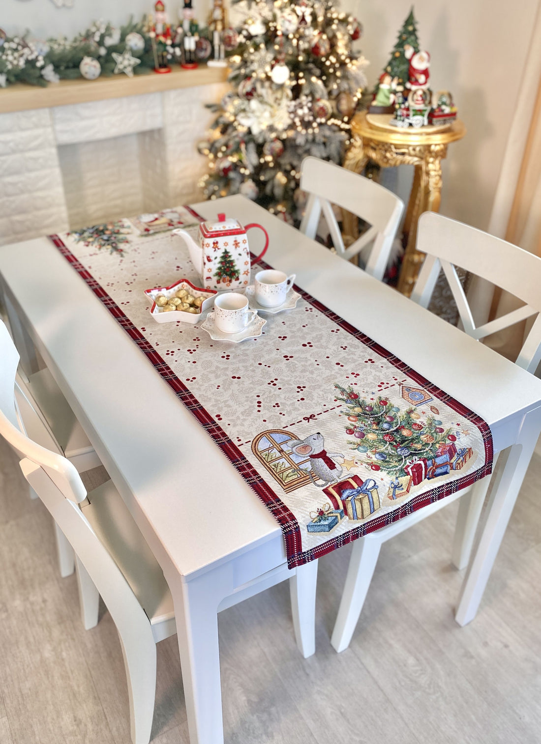 Christmas Tapestry Table runner «Xmas preparations» with silver thread Limaso Textile