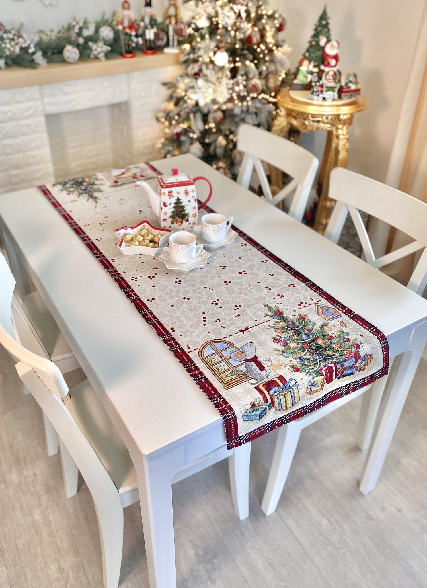 Christmas Tapestry Table runner «Xmas preparations» with silver thread Limaso Textile