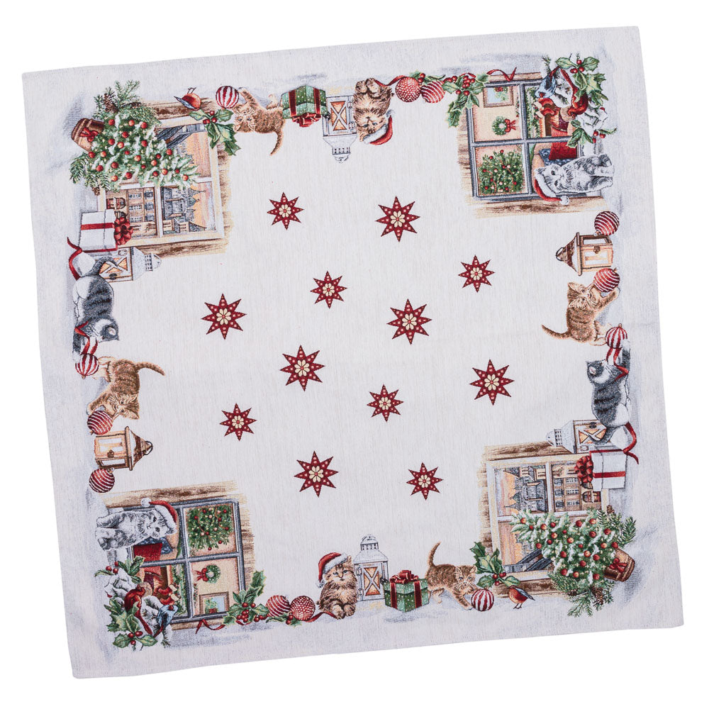 Christmas tapestry tablecloth «Christmas kittens» With microfibre & silver lurex