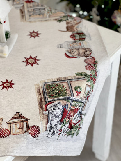 Christmas tapestry tablecloth «Christmas kittens» With microfibre & silver lurex