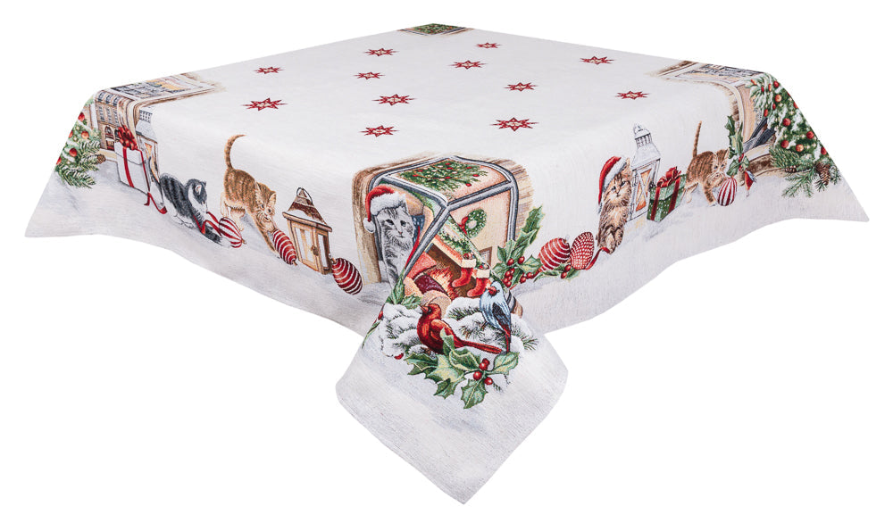 Christmas tapestry tablecloth «Christmas kittens» With microfibre &amp; silver lurex Limaso Textile