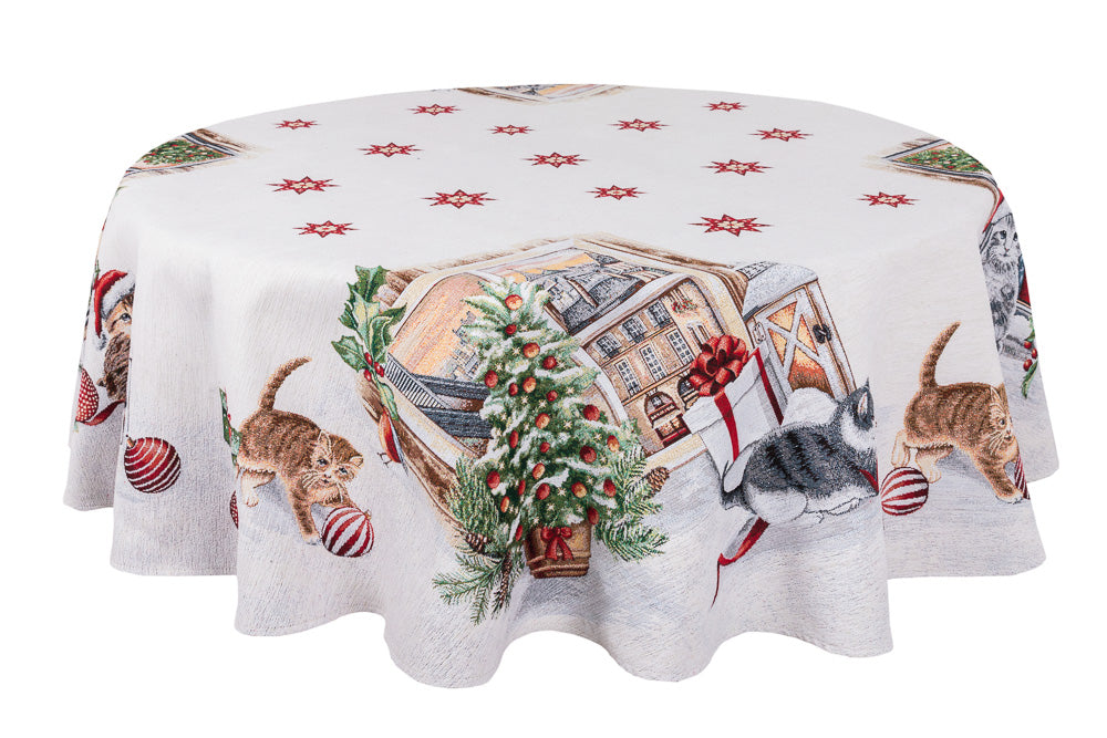 Round Christmas tapestry tablecloth «Christmas kittens» With microfibre &amp; silver lurex Limaso Textile