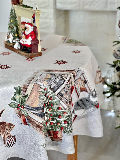 Round Christmas tapestry tablecloth «Christmas kittens» With microfibre & silver lurex