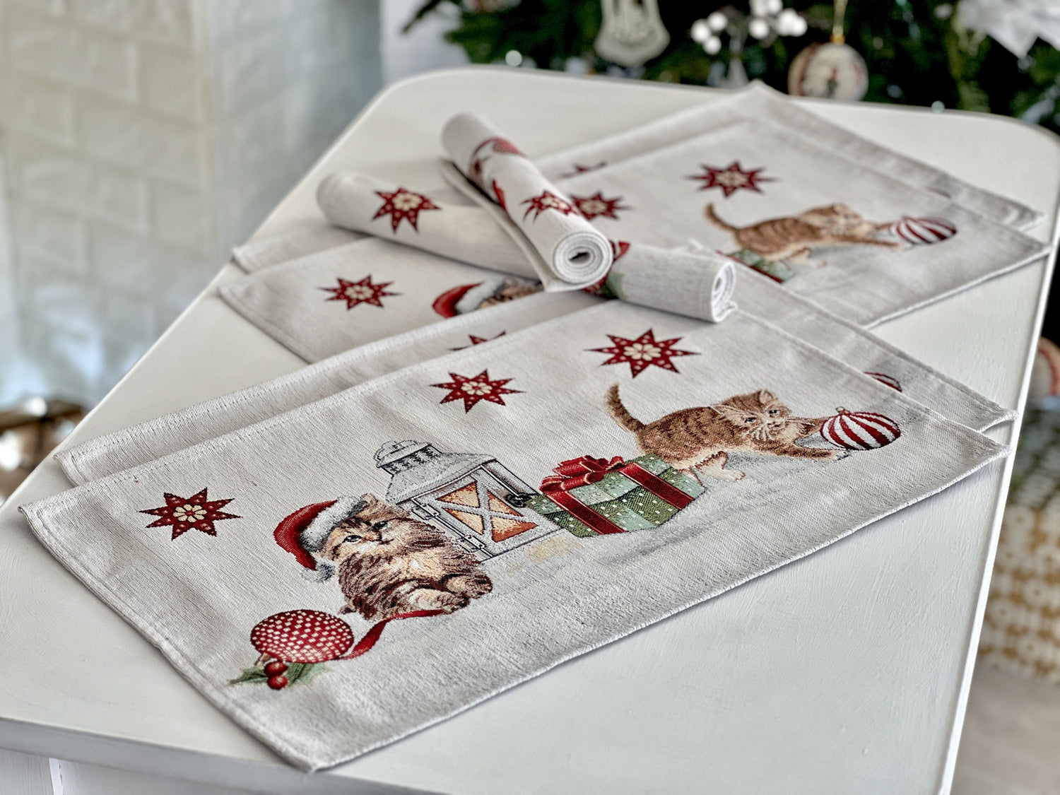 Christmas Placemat «Christmas kittens» With microfibre &amp; silver lurex Limaso Textile