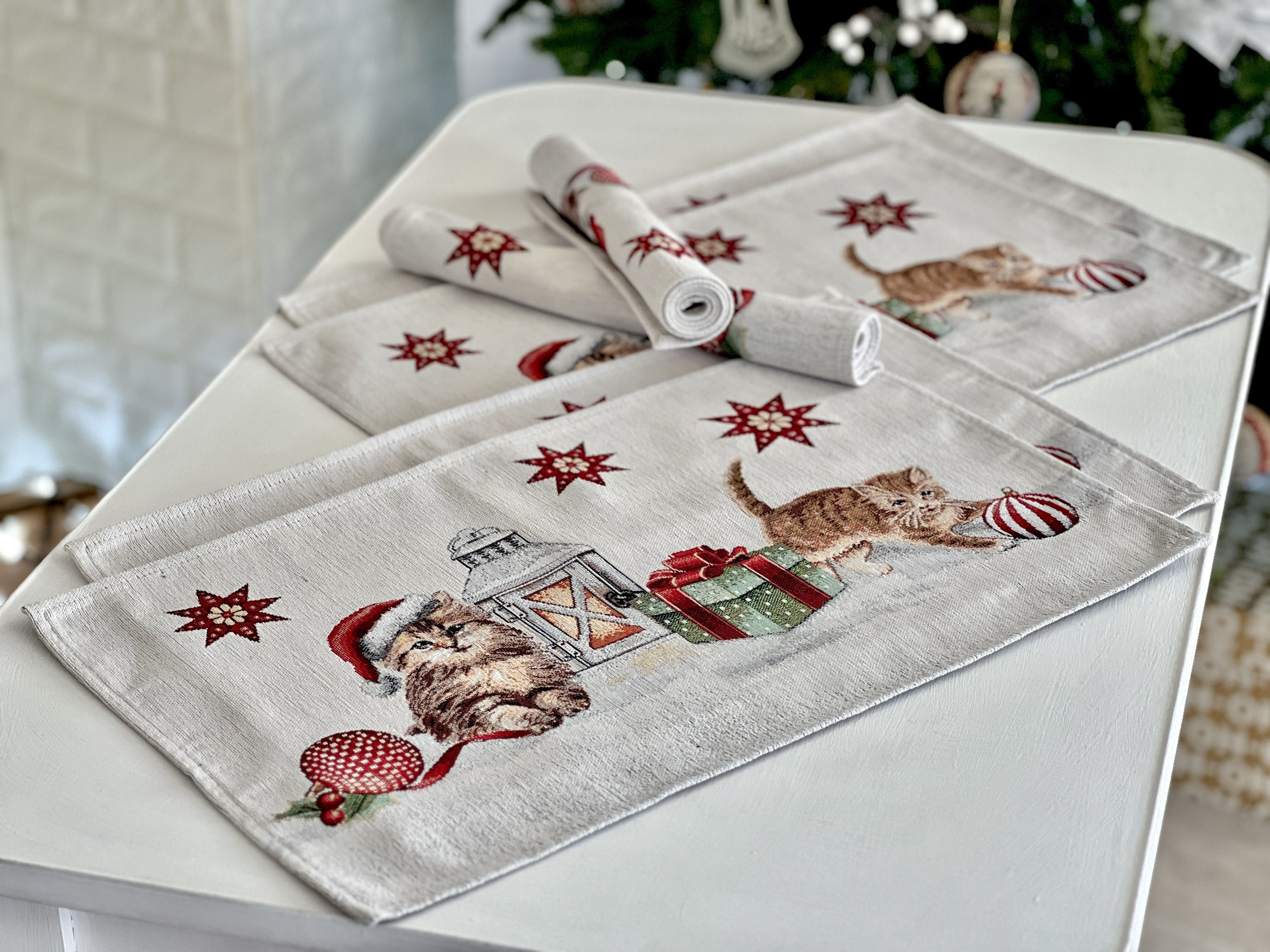 Christmas Placemat «Christmas kittens» With microfibre &amp; silver lurex Limaso Textile