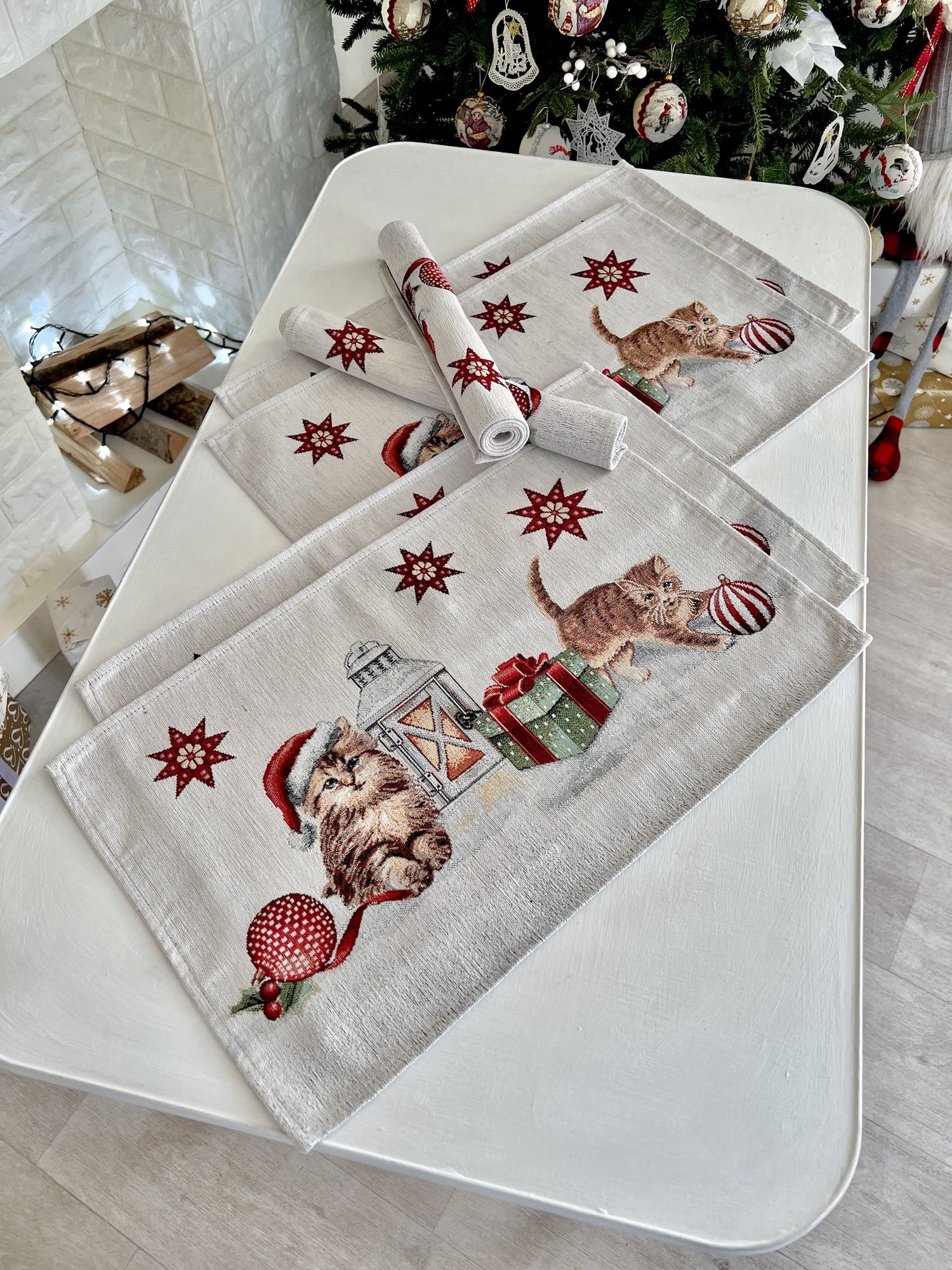 Christmas Placemat «Christmas kittens» With microfibre &amp; silver lurex Limaso Textile