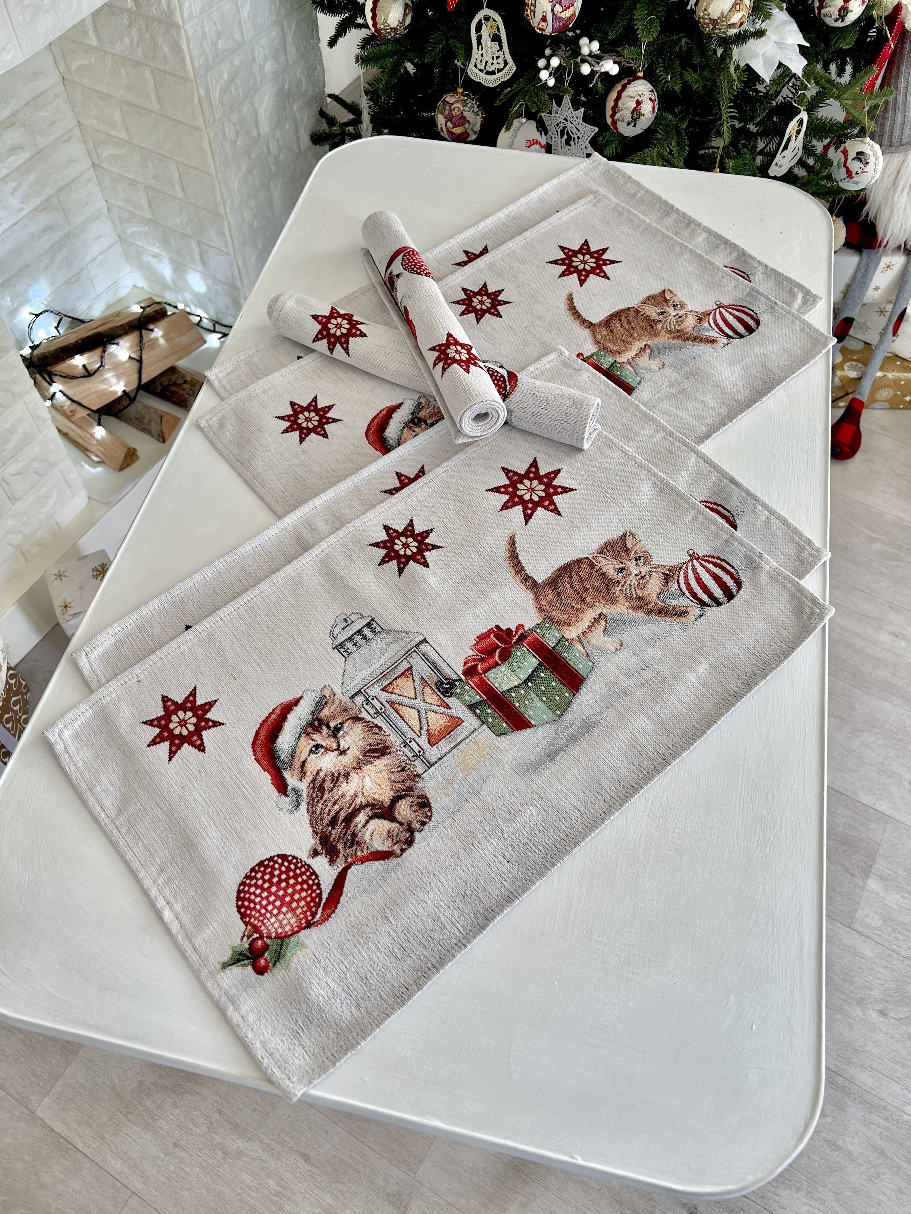 Christmas Placemat «Christmas kittens» With microfibre &amp; silver lurex Limaso Textile