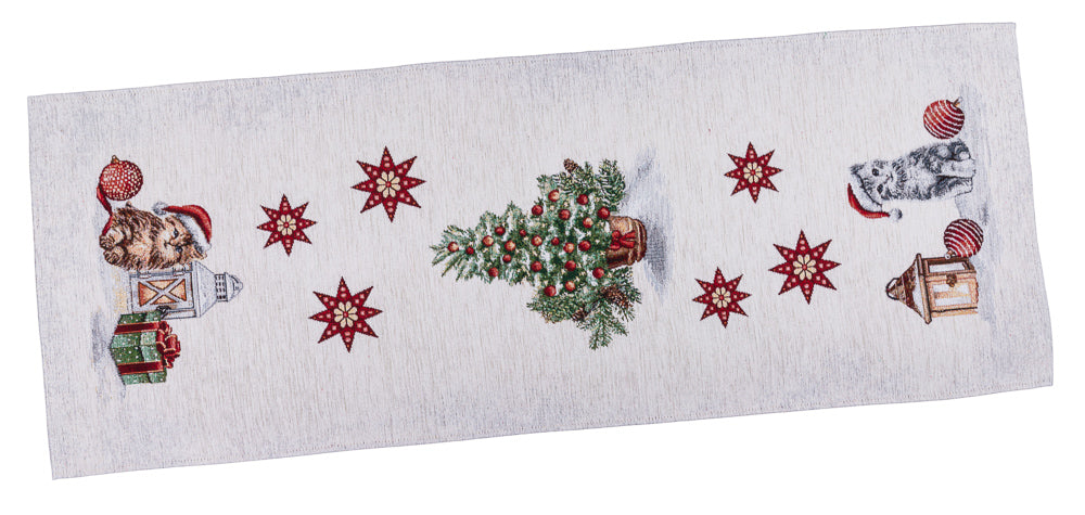 Christmas Tapestry Table runner «Christmas kittens» With microfibre & silver lurex