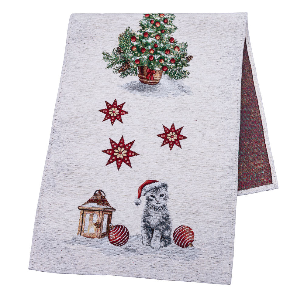 Christmas Tapestry Table runner «Christmas kittens» With microfibre &amp; silver lurex Limaso Textile