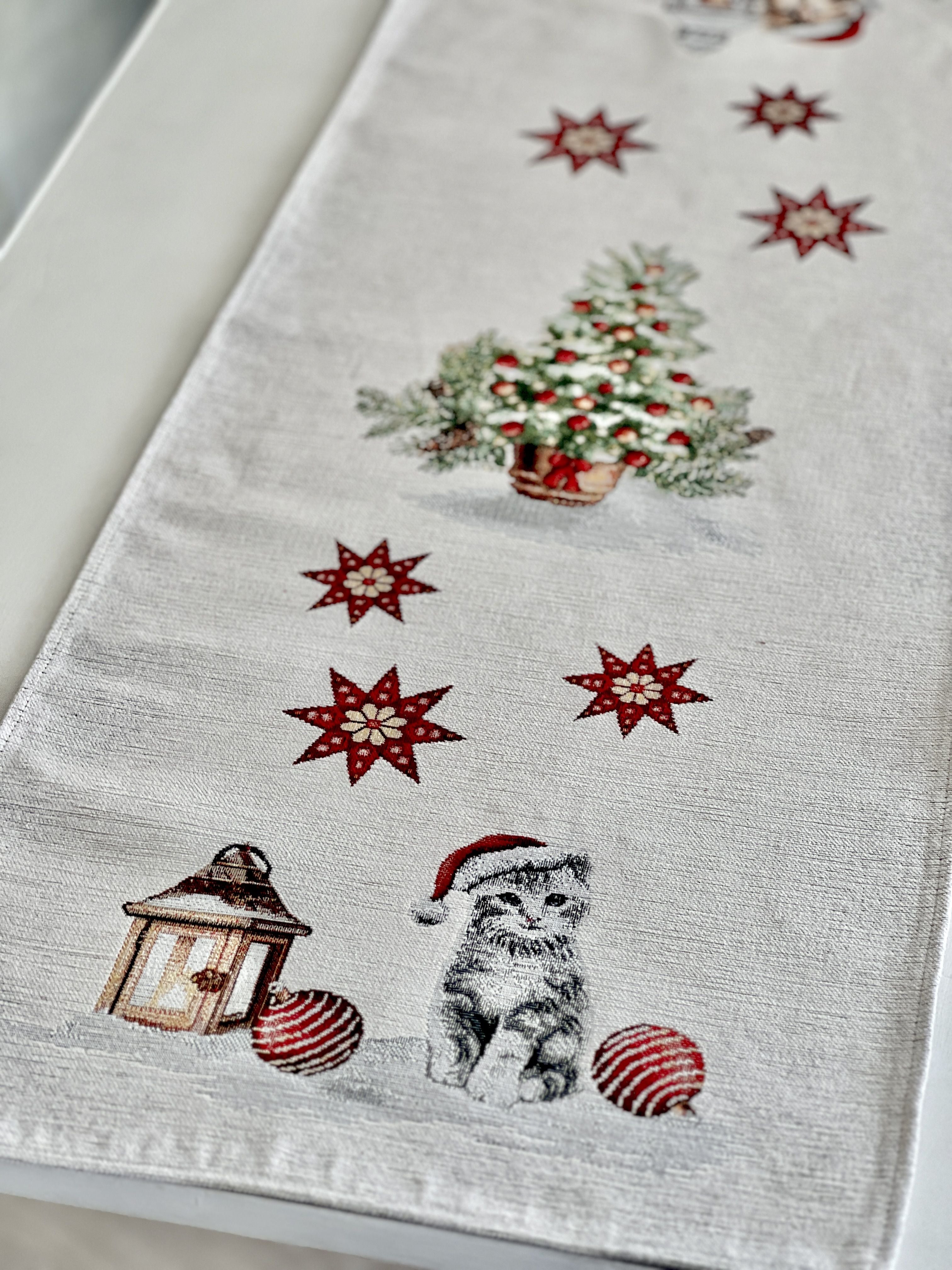 Christmas Tapestry Table runner «Christmas kittens» With microfibre &amp; silver lurex
