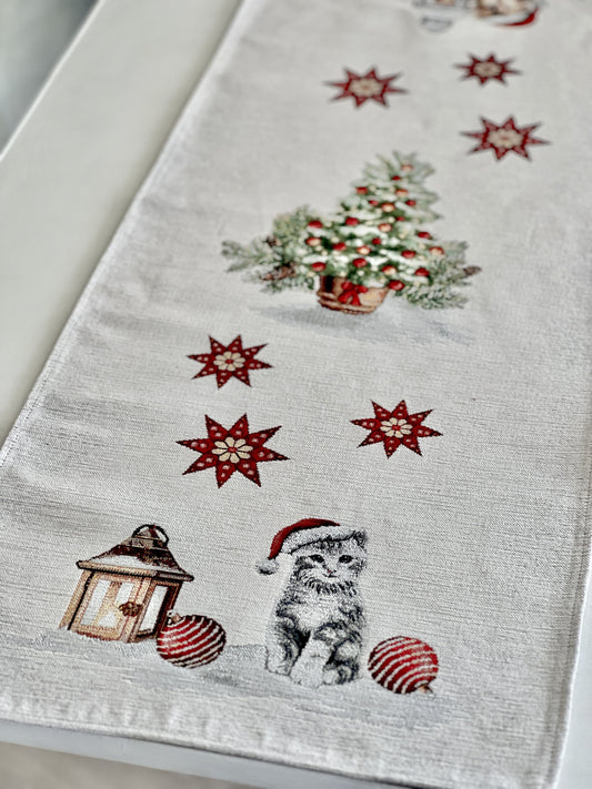 Christmas Tapestry Table runner «Christmas kittens» With microfibre & silver lurex