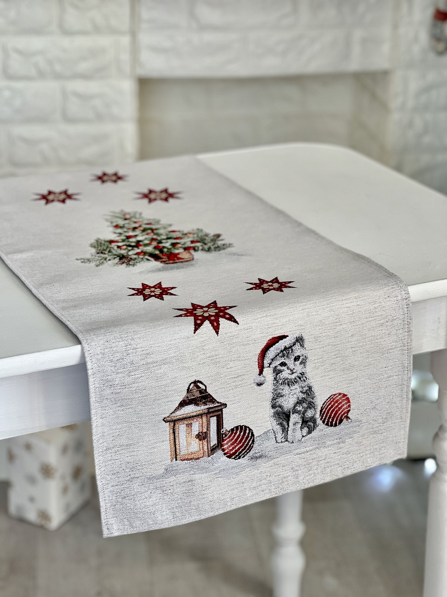 Christmas Tapestry Table runner «Christmas kittens» With microfibre & silver lurex