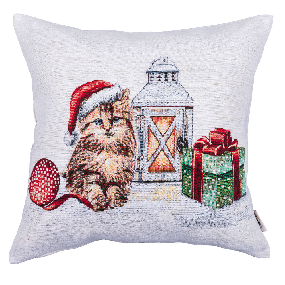 Winter Holiday tapestry cushion cover «Christmas kittens» With microfibre & silver lurex