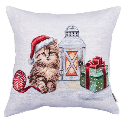 Winter Holiday tapestry cushion cover «Christmas kittens» With microfibre & silver lurex