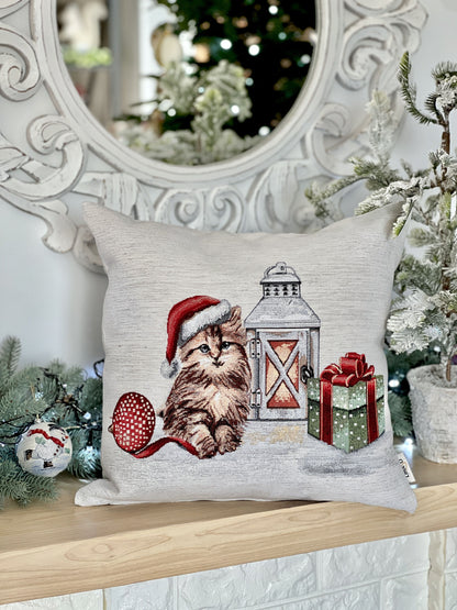 Winter Holiday tapestry cushion cover «Christmas kittens» With microfibre & silver lurex