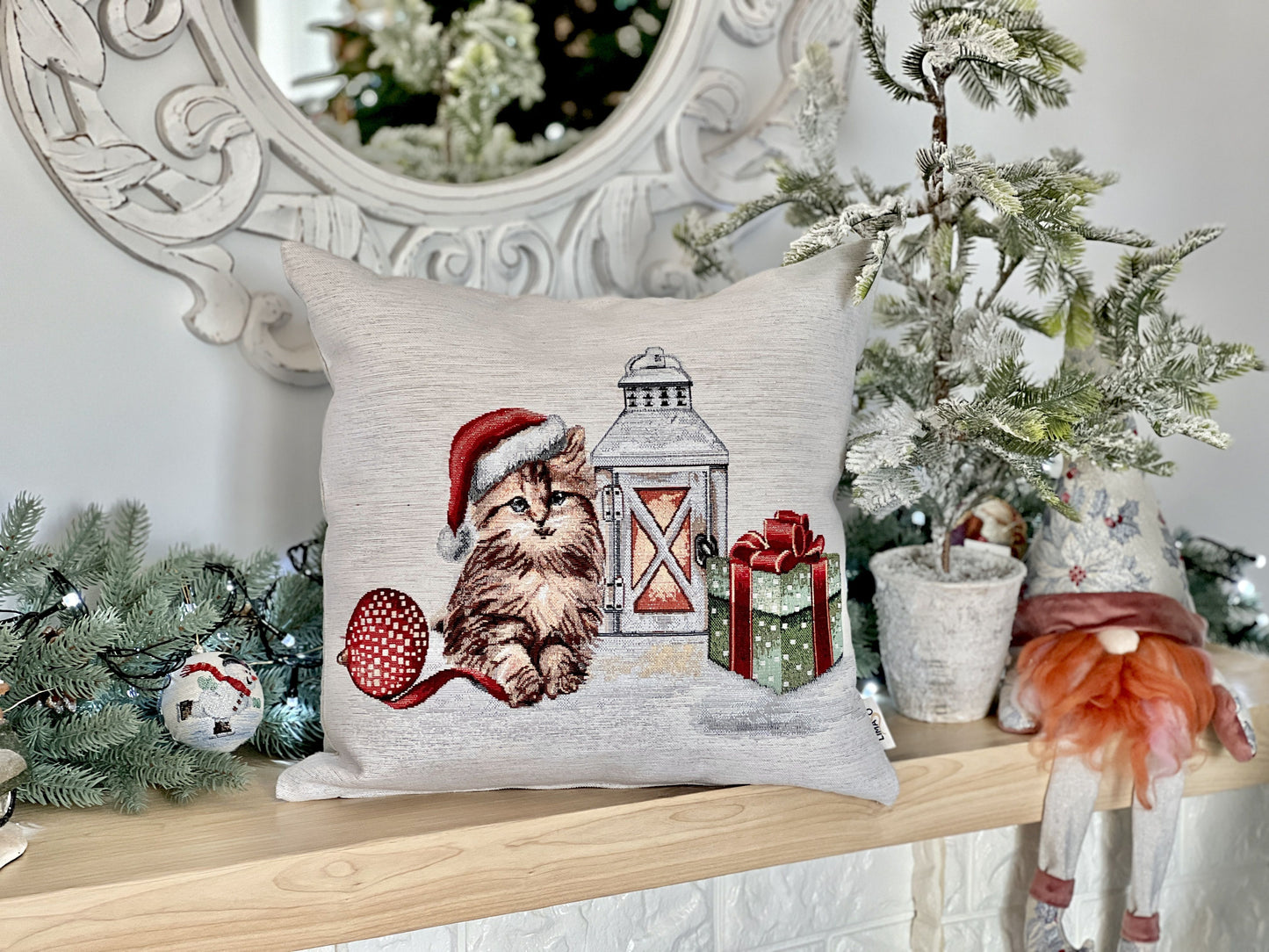 Winter Holiday tapestry cushion cover «Christmas kittens» With microfibre & silver lurex