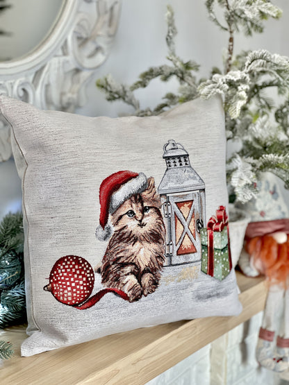 Winter Holiday tapestry cushion cover «Christmas kittens» With microfibre & silver lurex