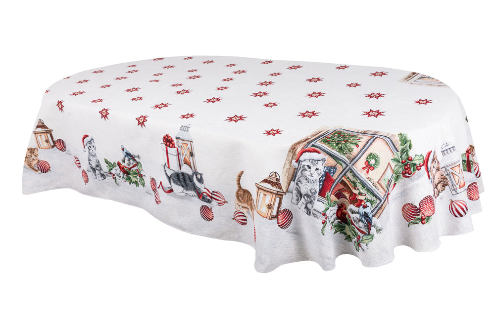 Oval Christmas tapestry tablecloth «Christmas kittens» With microfibre &amp; silver lurex