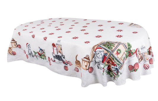 Oval Christmas tapestry tablecloth «Christmas kittens» With microfibre & silver lurex