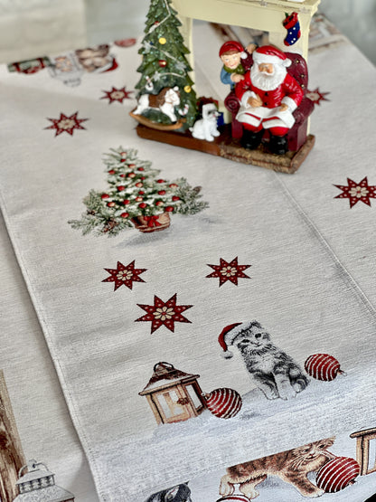 Christmas Tapestry Table runner «Christmas kittens» With microfibre & silver lurex