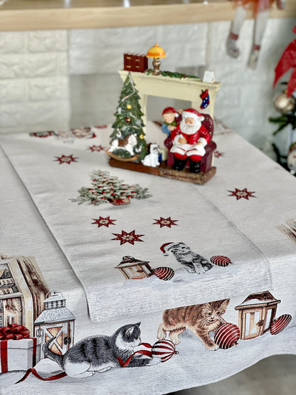 Christmas Tapestry Table runner «Christmas kittens» With microfibre & silver lurex