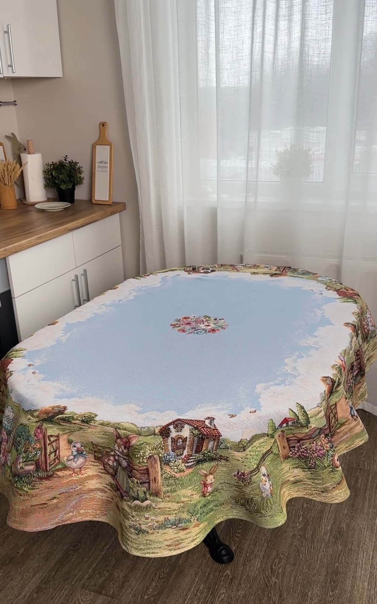Easter Oval Tablecloth «Bunny countryside» - Luxury Tapestry - Textile4Family