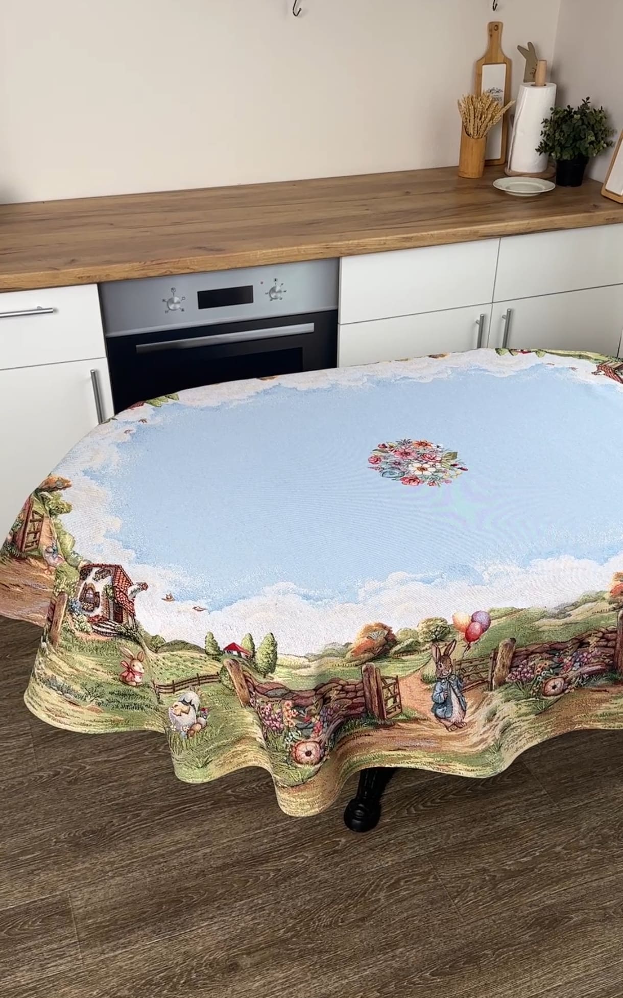 Easter Oval Tablecloth «Bunny countryside» - Luxury Tapestry - Textile4Family