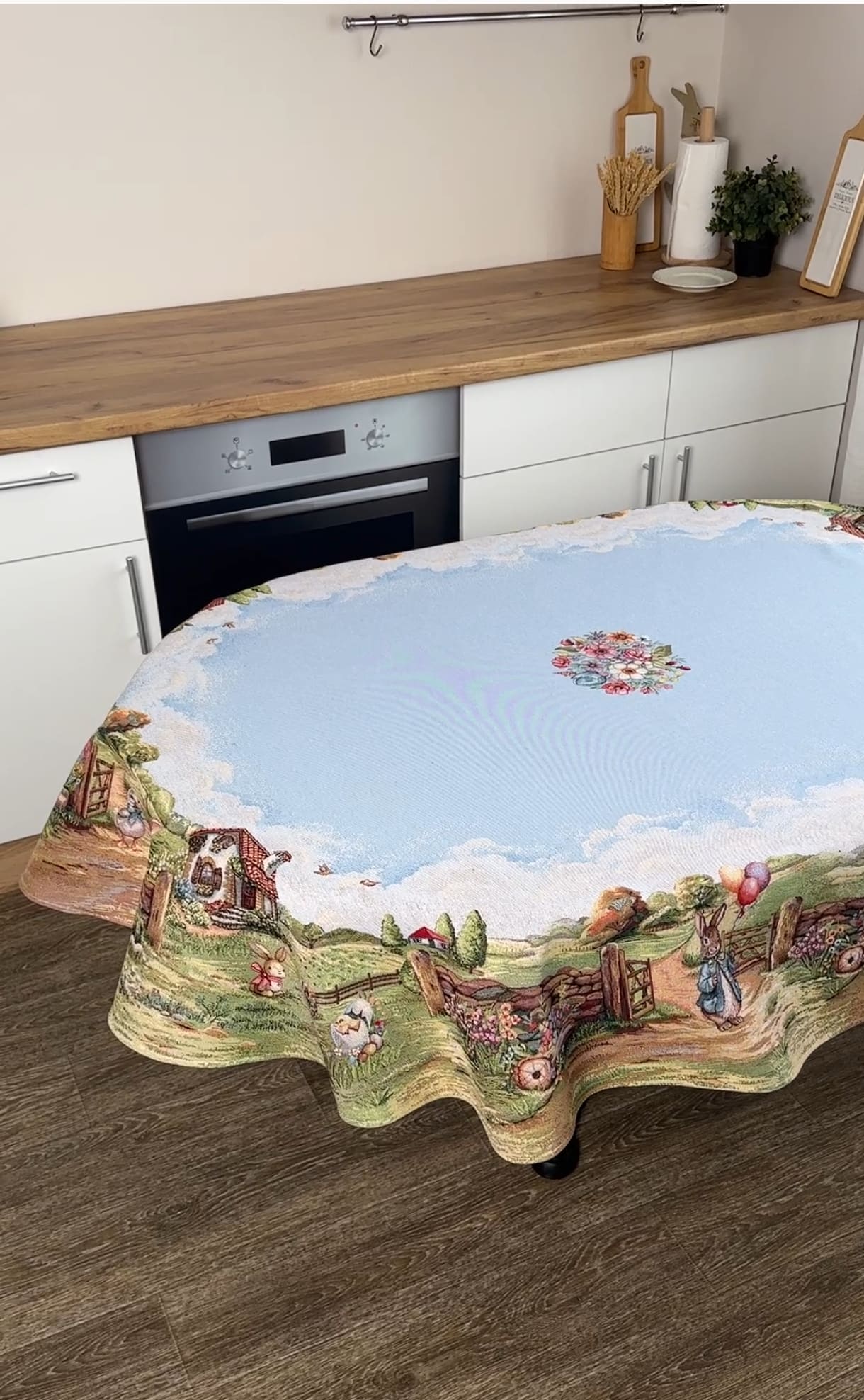 Easter Oval Tablecloth «Bunny countryside» - Luxury Tapestry - Textile4Family