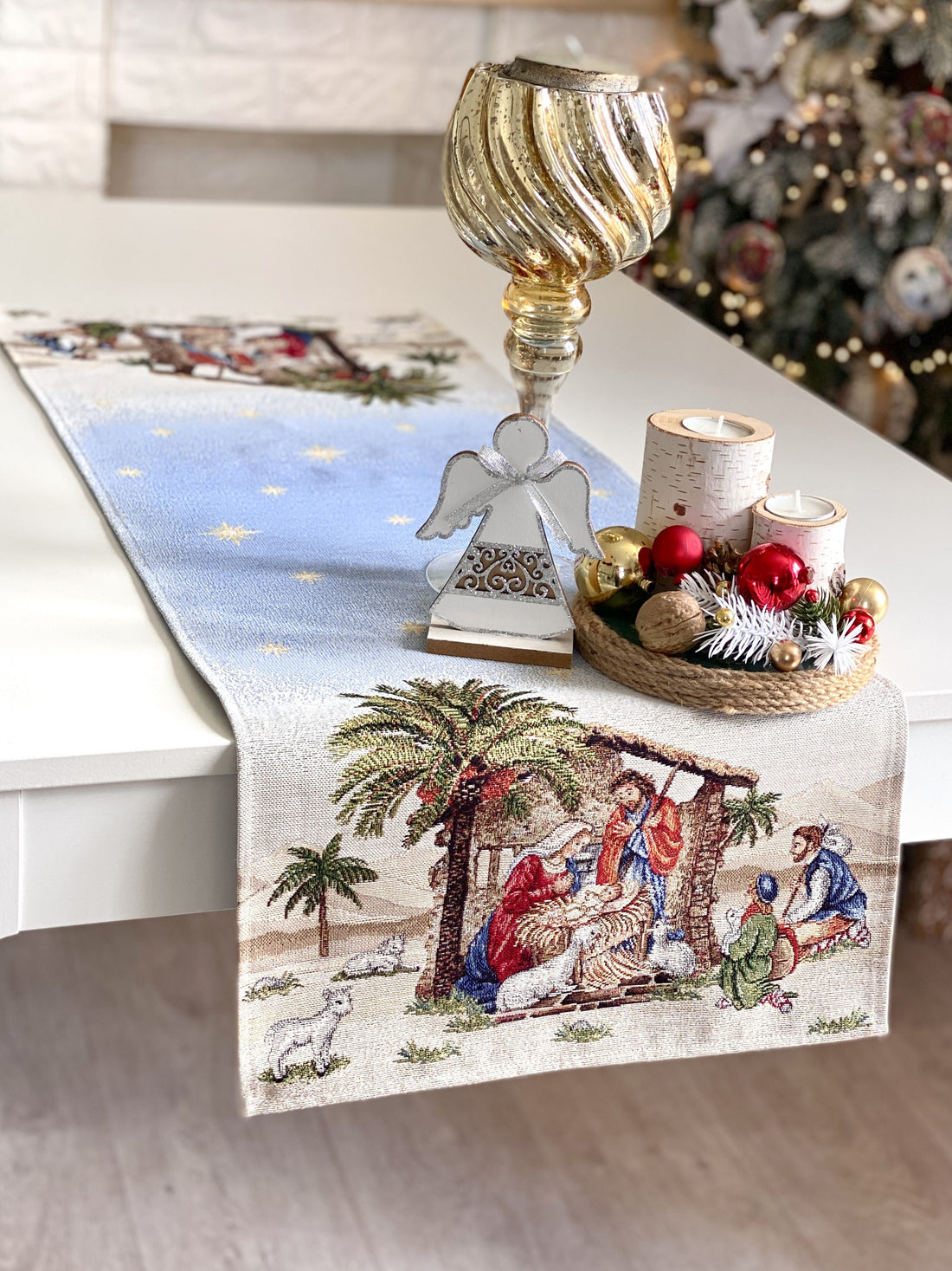 Christmas Table Runner  «Topino» with Golden Lurex - Luxury Tapestry - Textile4Family