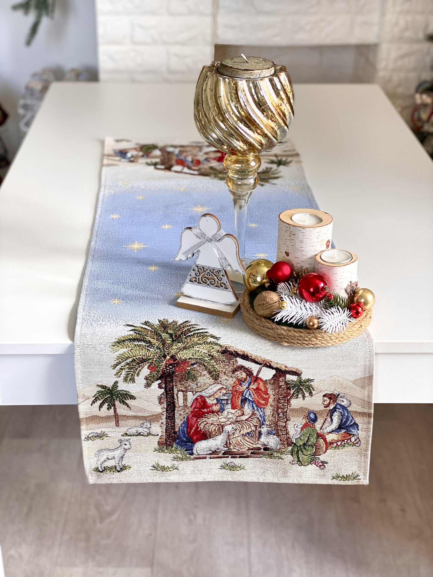 Christmas Table Runner  «Topino» with Golden Lurex - Luxury Tapestry