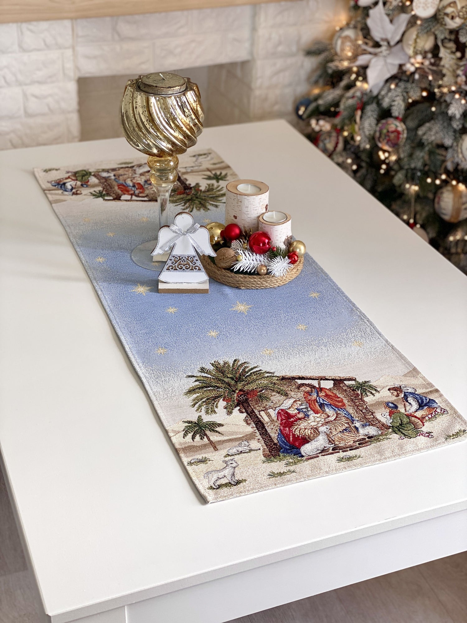 Christmas Table Runner  «Topino» with Golden Lurex - Luxury Tapestry - Textile4Family