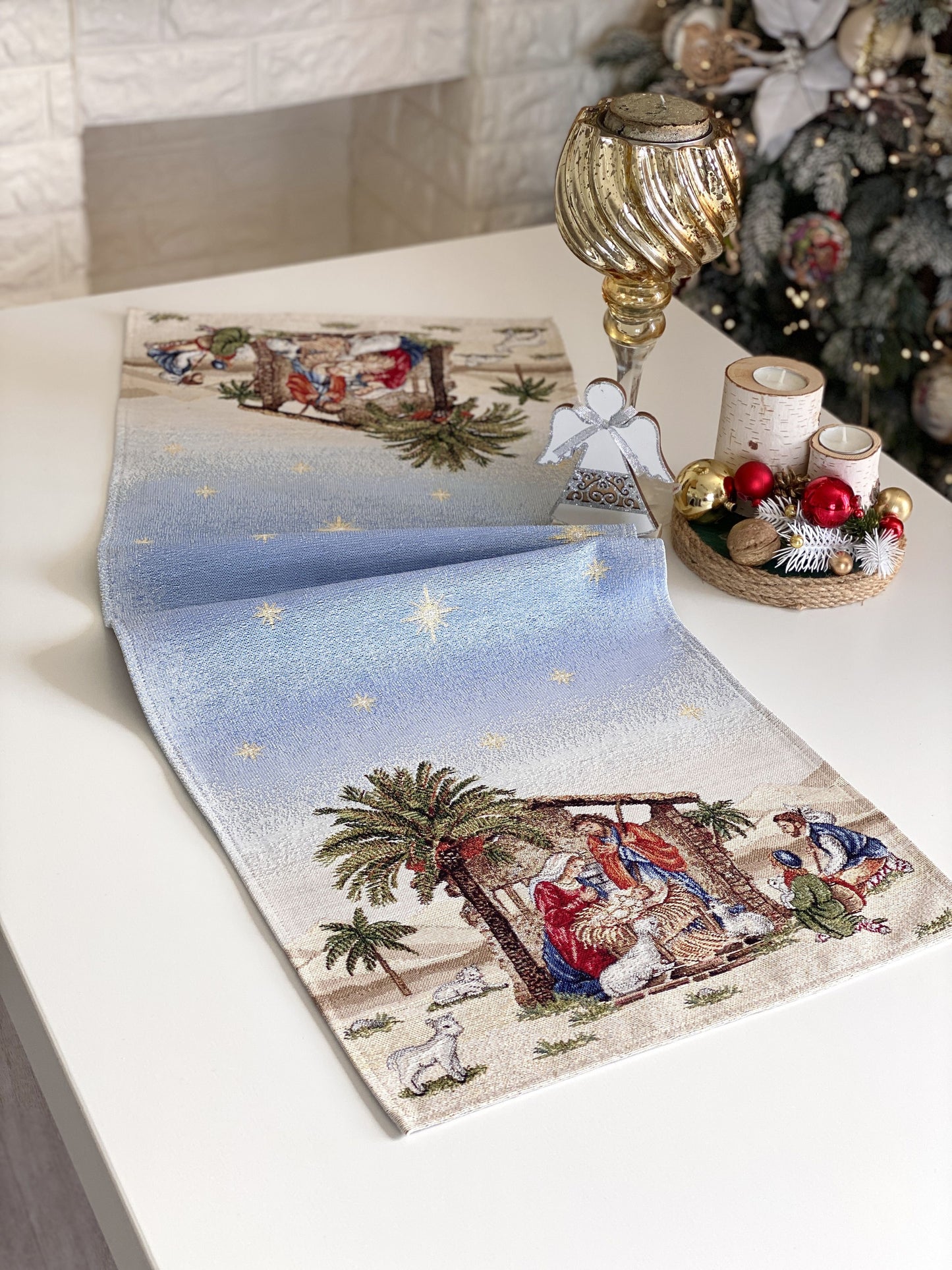 Christmas Table Runner  «Topino» with Golden Lurex - Luxury Tapestry