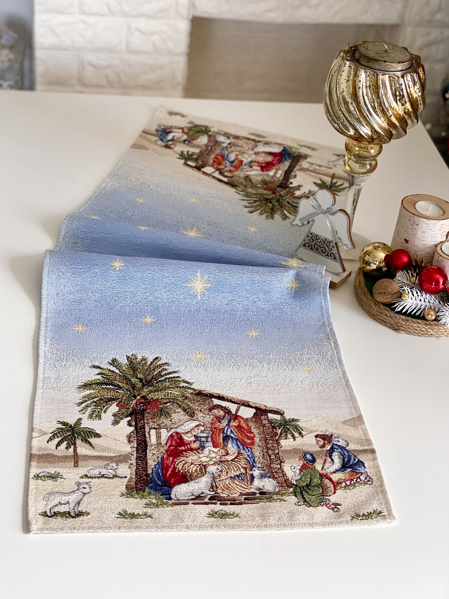 Christmas Table Runner  «Topino» with Golden Lurex - Luxury Tapestry