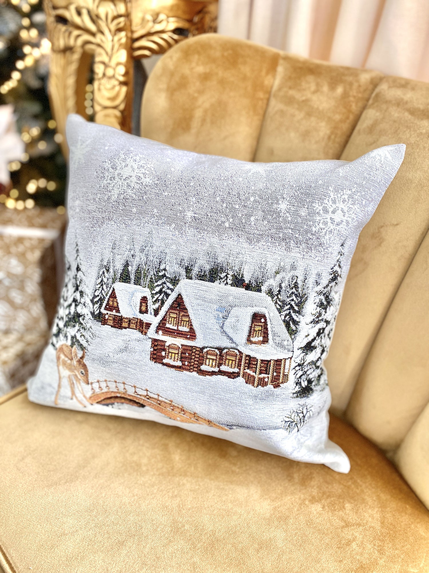 Christmas tapestry cushion cover «Winter» With microfibre &amp; silver lurex