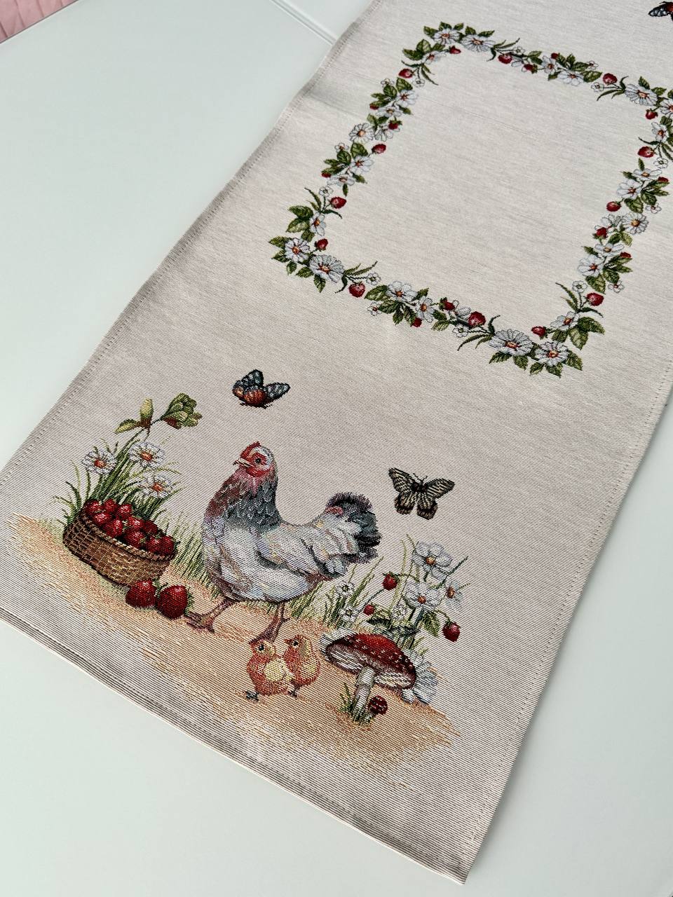 Tapestry table runner «Rooster and hens» Limaso Textile